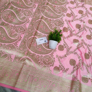Baby Pink Handloom Pure Katan Silk Banarasi Saree