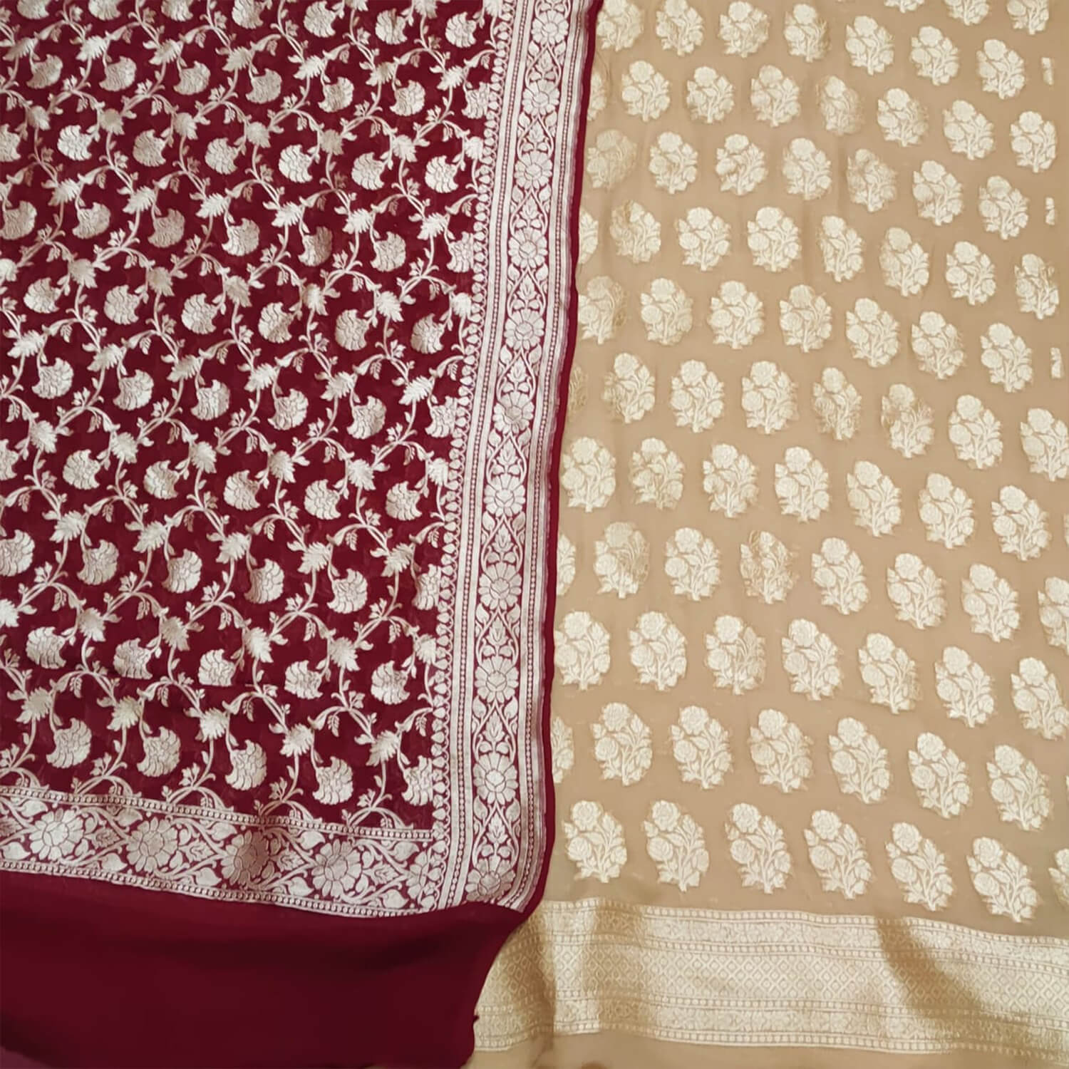 Beige and Maroon Handloom Georgette Silk Banarasi Suit