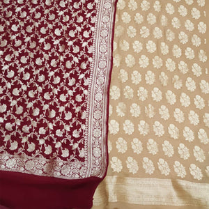 Beige and Maroon Handloom Georgette Silk Banarasi Suit