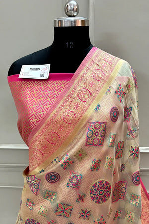 Beige and Pink Golden Zari Tissue Silk Banarasi Saree