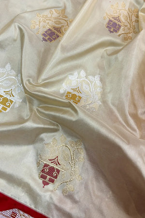 Beige and Red Handloom Pure Katan Silk Banarasi Saree