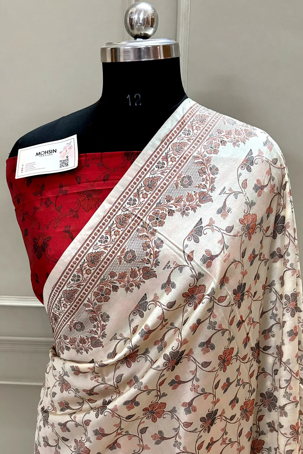 Beige and Red Resham Silk Banarasi Saree