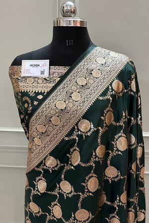 Bottle Green Golden Zari Katan Silk Banarasi Saree