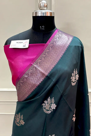 Bottle Green and Pink Golden Zari Banarasi Silk Saree