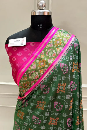 Bottle Green and Pink Resham Zari Banarasi Silk Saree