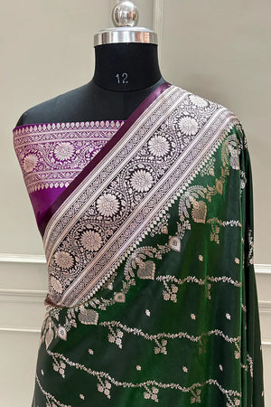 Bottle Green and Purple Golden Zari Katan Silk Banarasi Saree