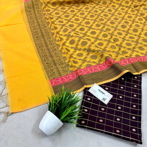 Brown Shataranj Banarasi Silk Suit With Yellow Dupatta
