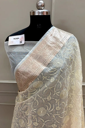 Cream Embroidery Organza Silk Banarasi Saree