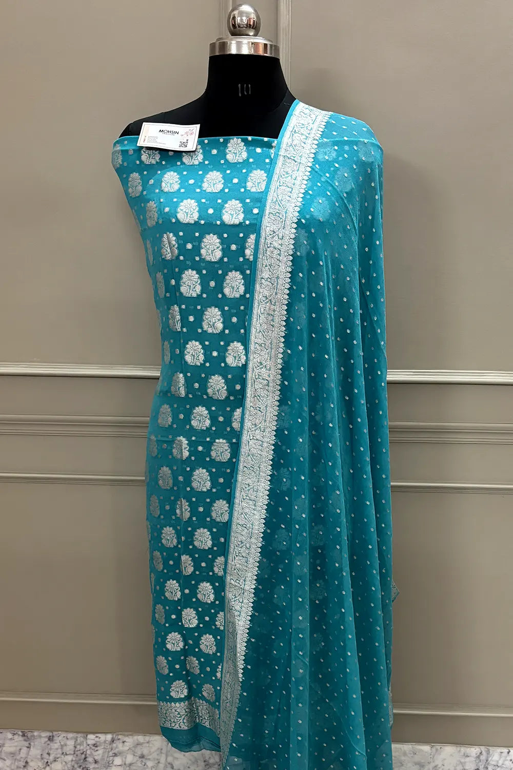 Firozi Golden Zari Pure Georgette Silk Banarasi Suit