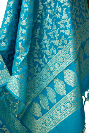 Firozi Golden Zari Katan Silk Banarasi Dupatta