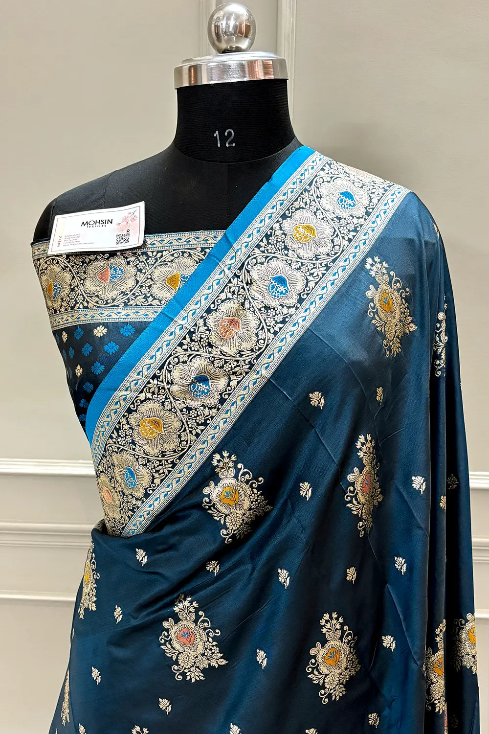 Firozi Golden Zari Katan Silk Banarasi Saree