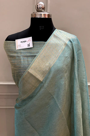 Firozi Golden Zari Tissue Silk Banarasi Saree