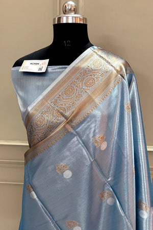 Firozi Golden Zari Tissue Silk Banarasi Saree