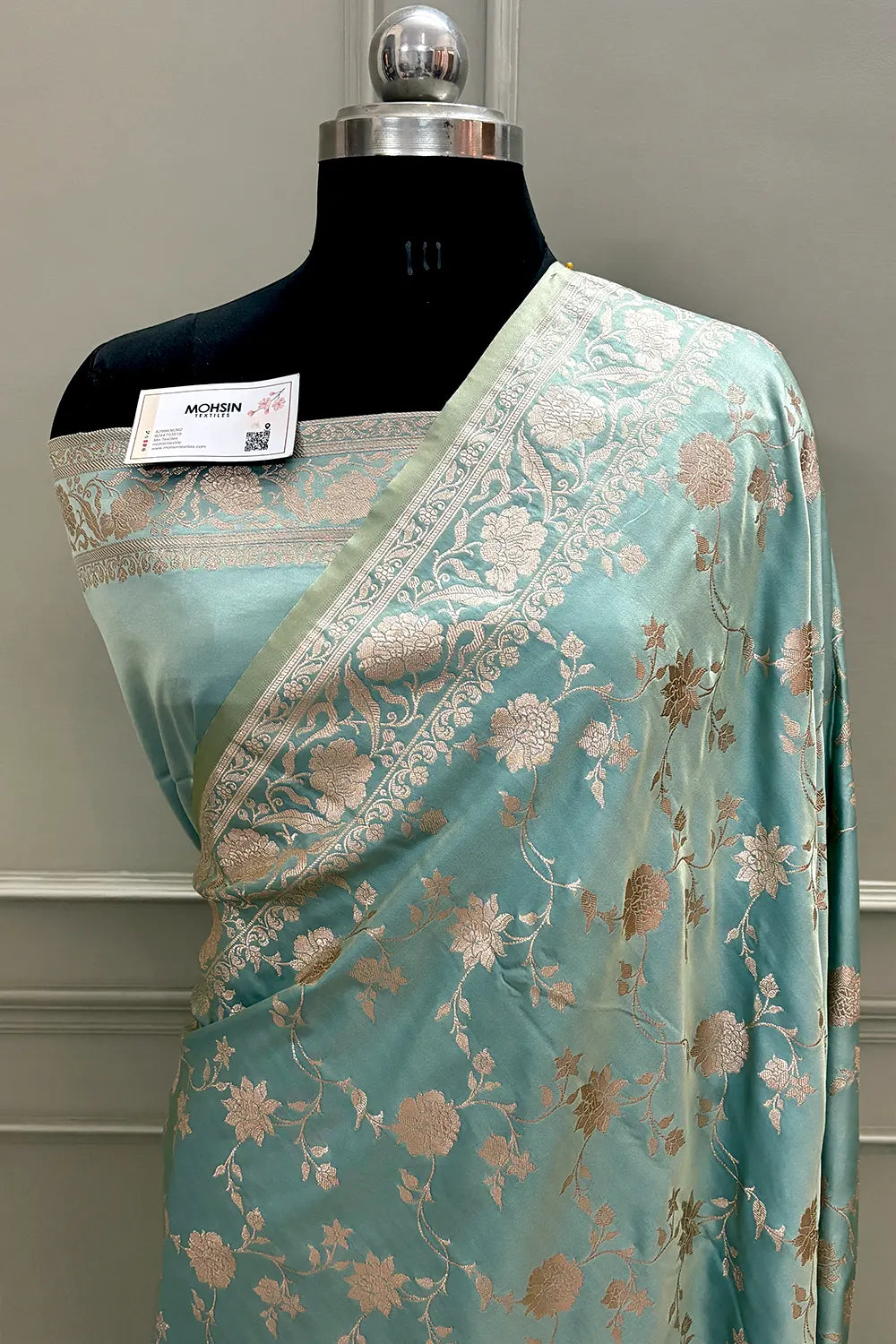 Firozi Kesari Jaal Katan Silk Banarasi Saree