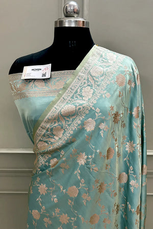 Firozi Kesari Jaal Katan Silk Banarasi Saree