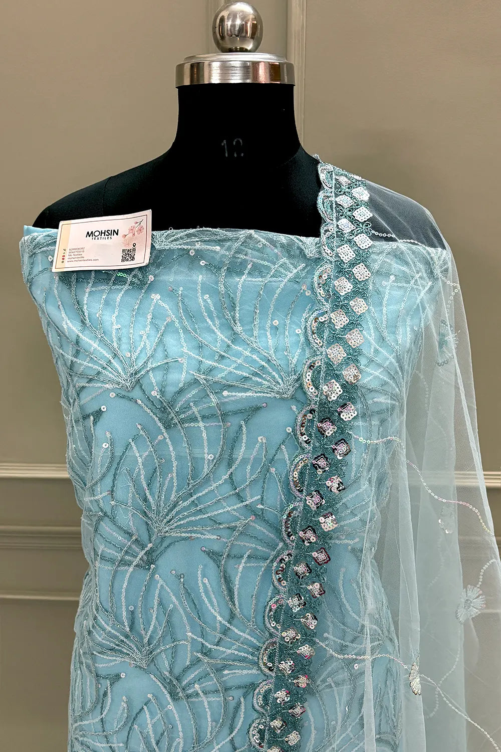 Firozi Sequence Embroidery Net Salwar Suit