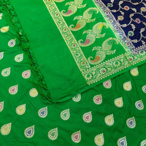 Green and Navy Blue Golden Zari Katan Silk Banarasi Suit