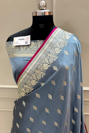 Grey Aatari Buti Katan Silk Banarasi Saree