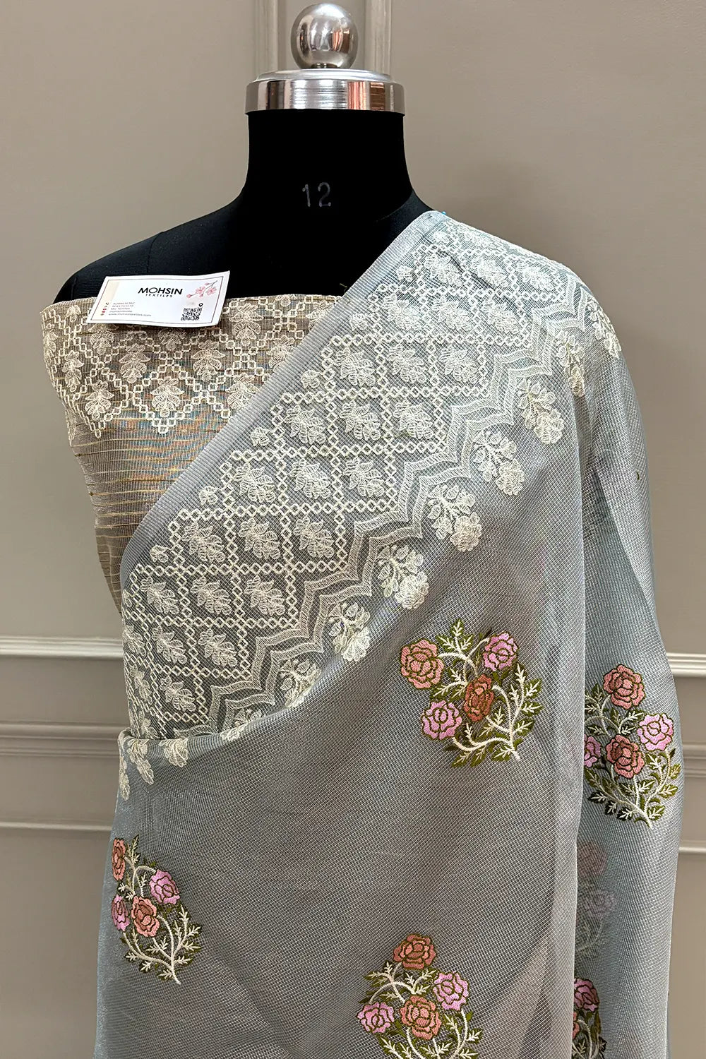 Grey Embroidery Tissue Silk Banarasi Saree