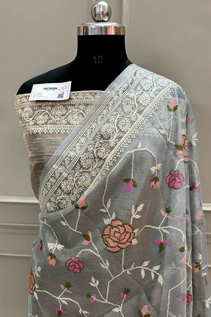 Grey Embroidery Tissue Silk Banarasi Saree