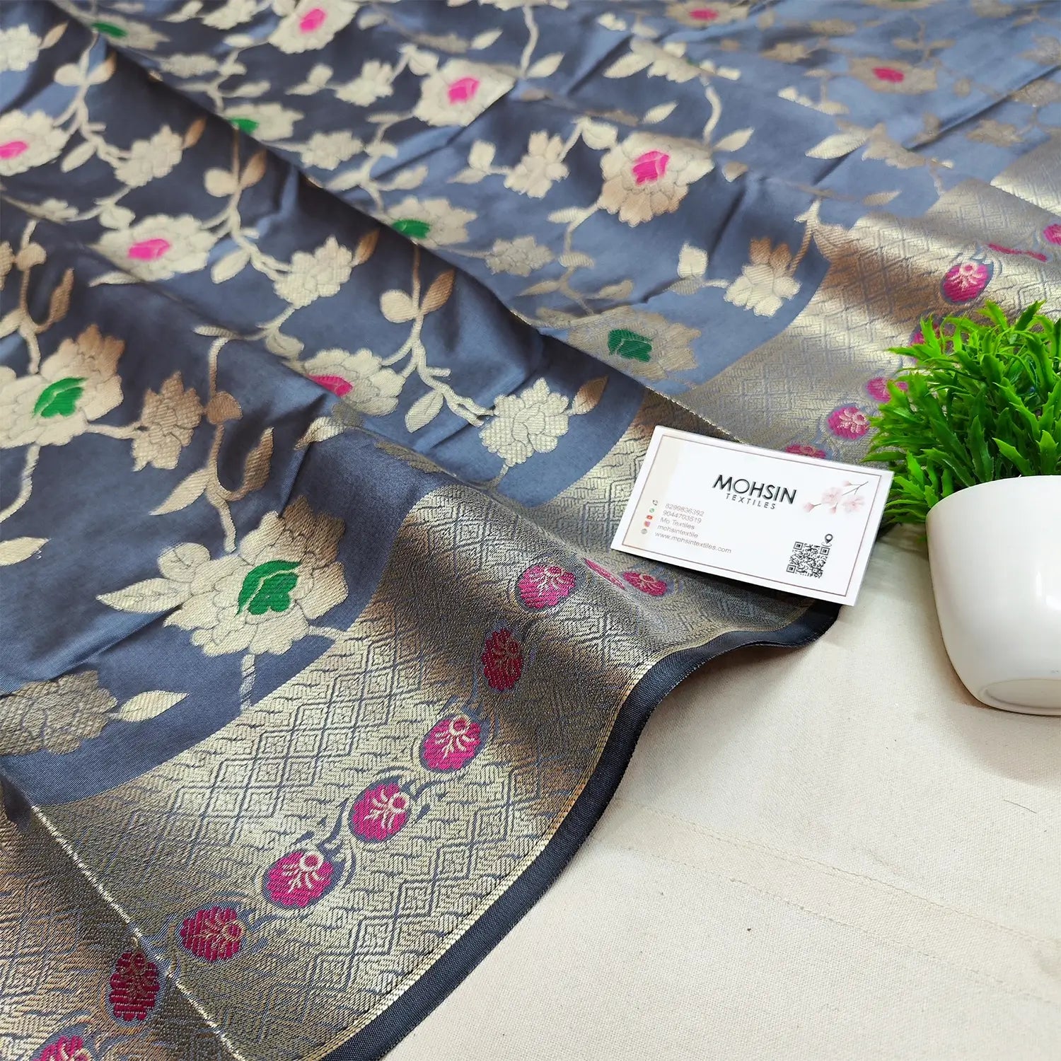 Grey Meenakari Satin Silk Banarasi Dupatta