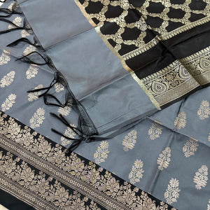Grey and Black Phooldaan Buti Satin Silk Banarasi Suit