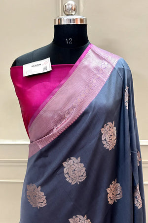 Grey and Pink Golden Zari Banarasi Silk Saree