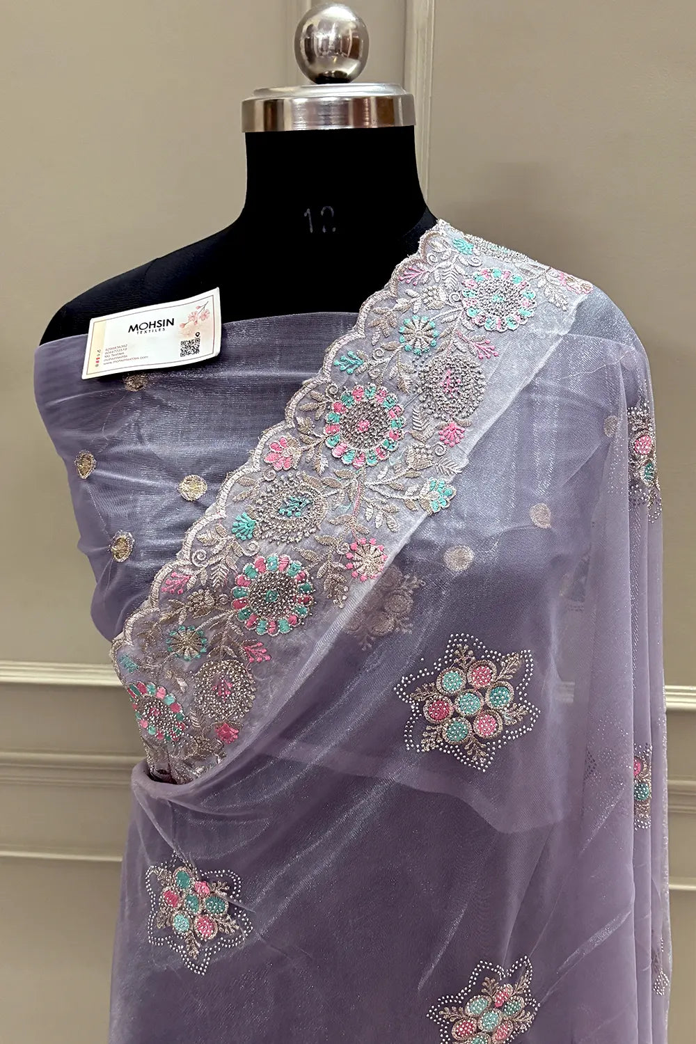 Lavender Embroidery Siroski Brasso Net Saree