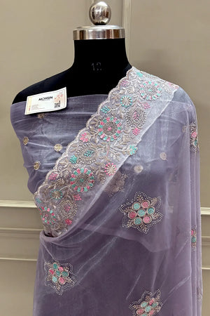 Lavender Embroidery Siroski Brasso Net Saree