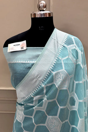 Light Firozi Resham Zari Cotton Silk Banarasi Saree