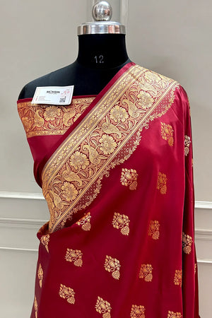 Maroon Golden Zari Katan Silk Banarasi Saree