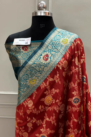 Maroon and Teal Golden Zari Silky Banarasi Saree