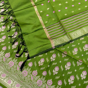 Mehendi Golden Zari Satin Silk Banarasi Suit