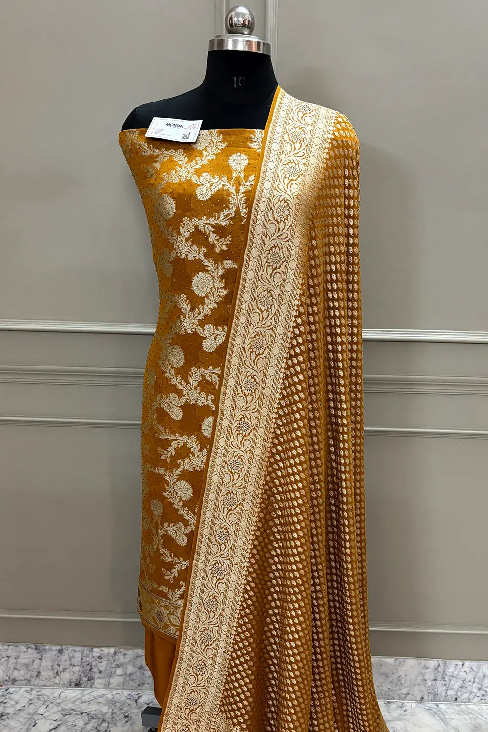 Mustard Jaalnuma Siroski Stone Pure Georgette Silk Banarasi Suit