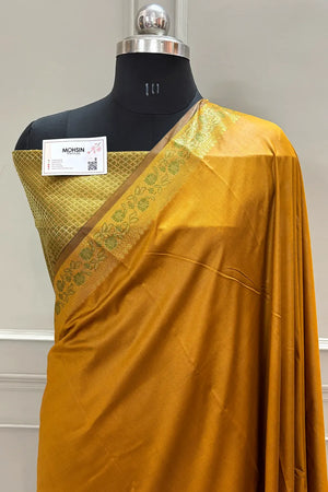 Mustard Plain Golden Zari Silky Banarasi Saree