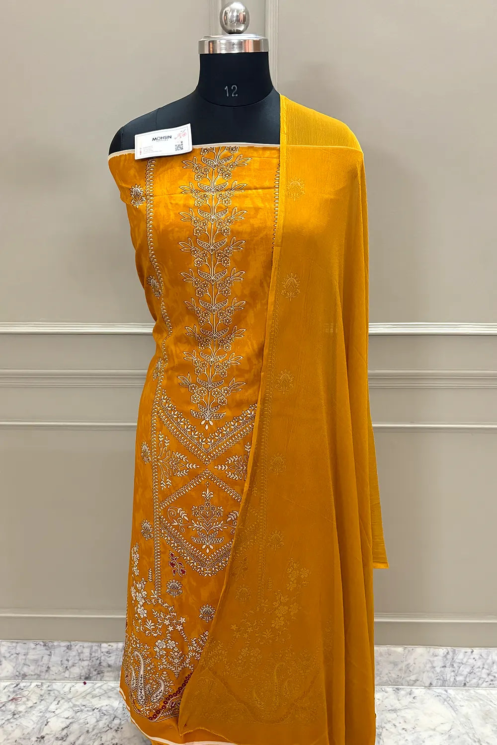 Mustard Printed Cotton Silk Banarasi Suit