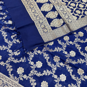 Navy Blue Kashmiri Jaal Katan Silk Banarasi Suit