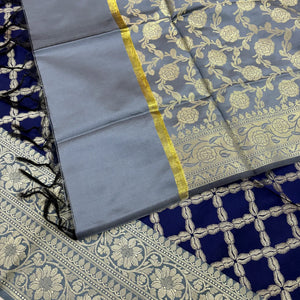 Navy Blue and Grey Zanjeer Satin Silk Banarasi Suit