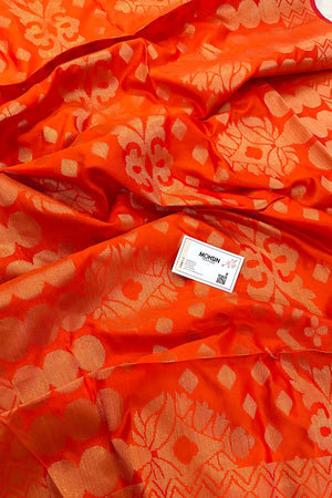 Orange Golden Zari Banarasi Silk Dupatta