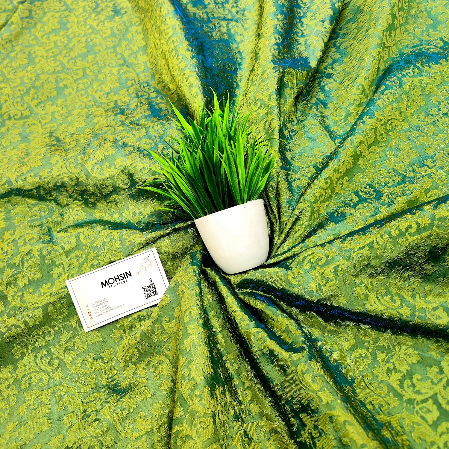 Parrot Green Tanchoi Satin Silk Banarasi Fabric