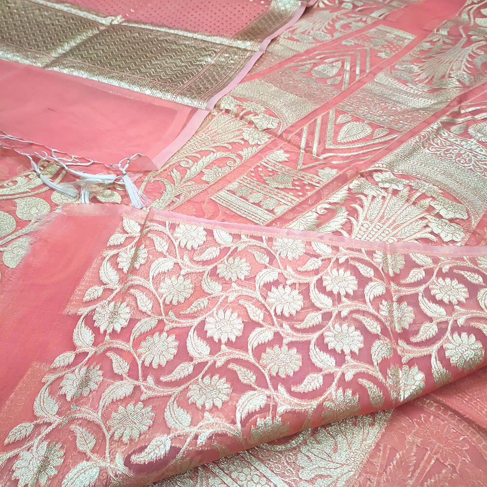 Peach 24 Kalli Organza Silk Banarasi Lahenga