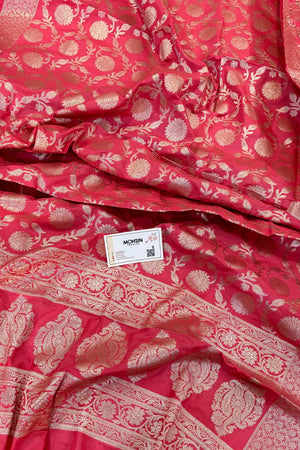Peach Golden Zari Katan Silk Banarasi Dupatta