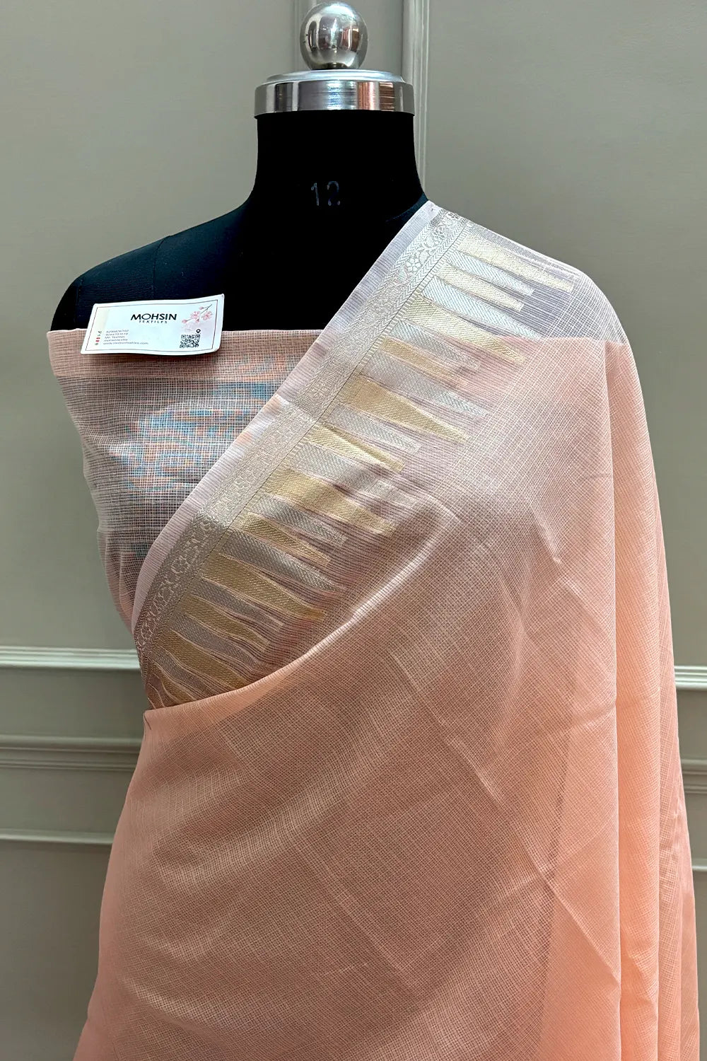 Peach Plain Moonga Check Silk Saree