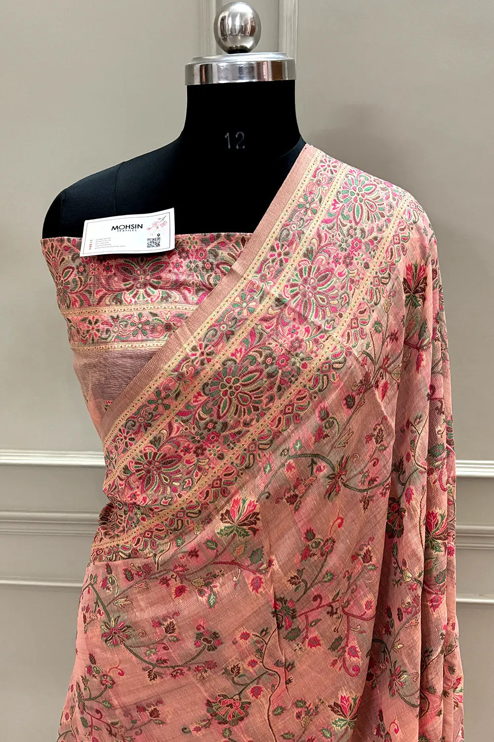 Peach Printed Linen Silk Banarasi Saree