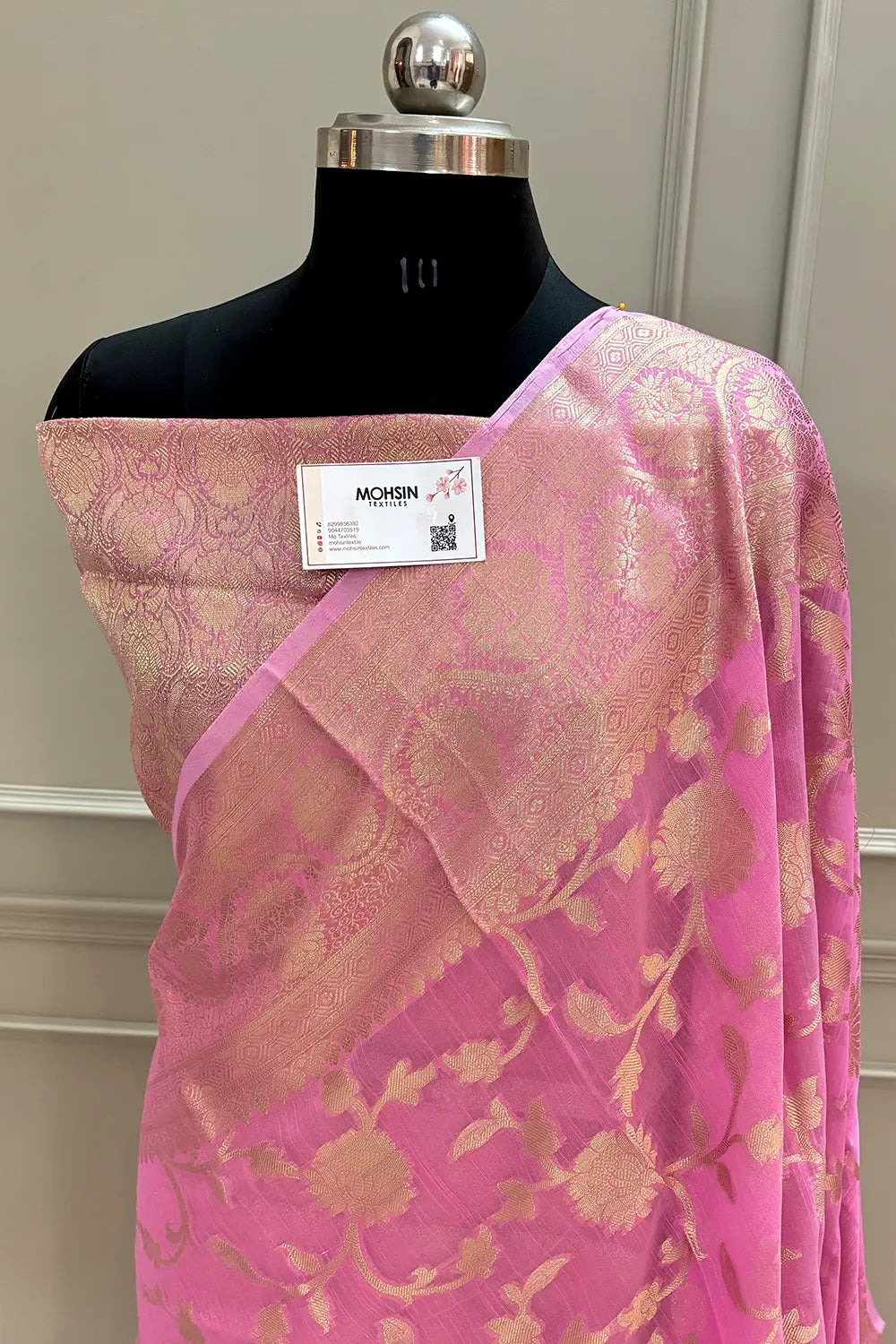Pink Lotus Jaal Chanderi Silk Banarasi Saree