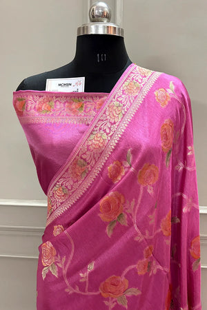 Pink Rosy Jaal Georgette Silk Banarasi Saree