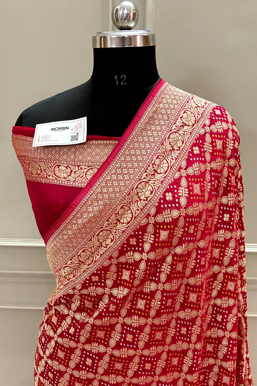 Pinkish Red Bandhej Georgette Silk Banarasi Saree