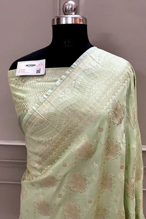 Pista Spider Jaal Katan Silk Banarasi Saree