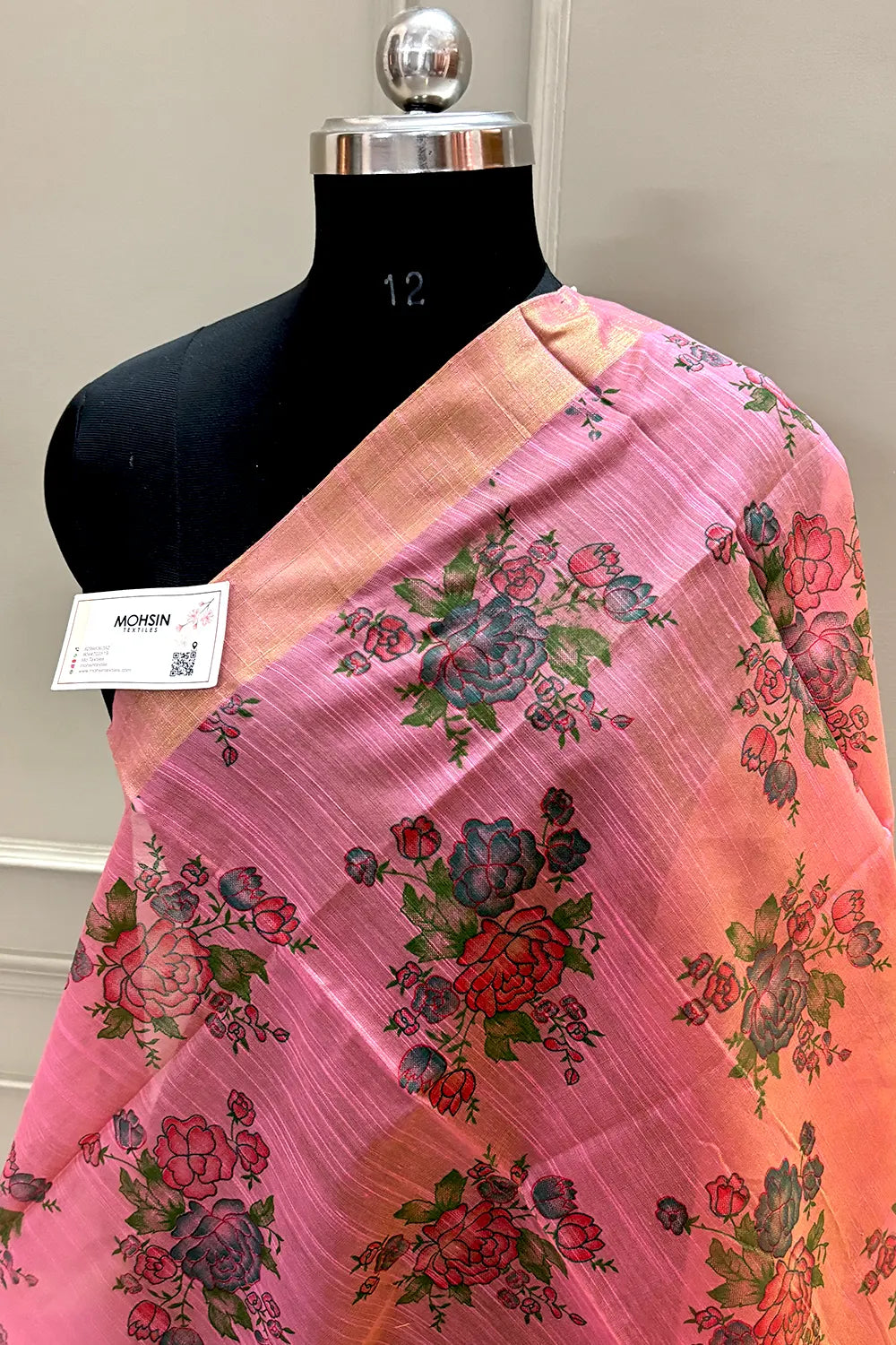 Peach Printed Dupion Silk Banarasi Dupatta