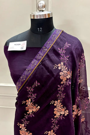 Purple Embordiery Siroski Work Georgette Silk Saree